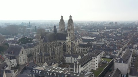 France, Ville de Tours, drone aerial view from back of Saint-Gatien cathedral to its towers.