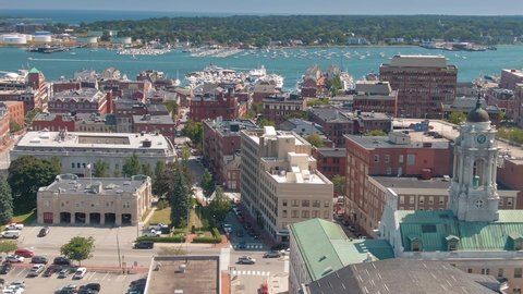 Aerial: Flying over downtown Portland, Maine, USA 