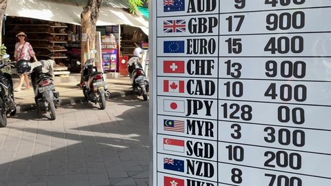 BALI, INDONESIA. 2-019 Dec 1st. Currency and Money Exchange price Board in Street