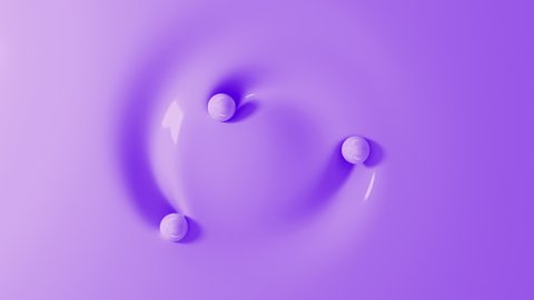 Three purple pastel balls rolling around circle on soft surface. Top view of spheres touching liquid material. 3D render animation. Seamless loop.