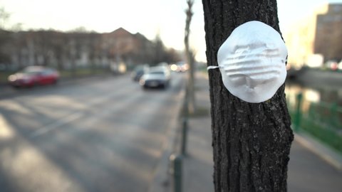 Protective face mask on a tree trunk near a busy street in Bucharest, Romania as a sign of protest against the high level of pollution. Alarming pollution values in Europe, Asia, America, Australia.