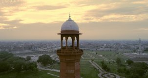 The Emperor's Mosque - Badshahi Masjid in Lahore, Pakistan Dome with Minarets and Mosque Aerial Videography Drone