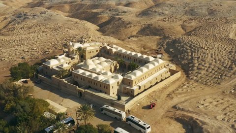 Nabi Musa (Prophet Moses) burial site in Judean desert, Israel, 4k aerial drone view