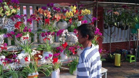 VUNG TAU, VIETNAM - JANUARY 2020: An unidentified Vietnamese man sells flowers on Tet Eve (Vietnamese New Year) at a street marketplace.