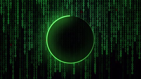 Animation looped neon green light glowing and loading data. Binary code background with digits moving on screen technology. Concept of virtual neon technology, matrix background and binary number.