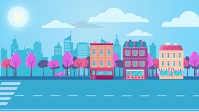 vintage town, city road background with colorful trees and buildings, animation clip by thinking how