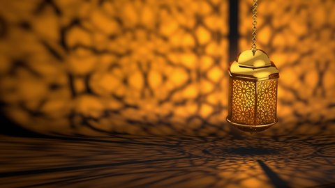 4K. Golden Ramadan candle lanterns loop animation (20 sec) with lantern move front and back and rotation, There is a space on the left for your message text and logo. Top quality 3d animation.
