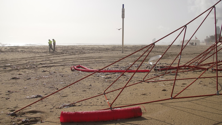 Barcelona, Spain. January 23th 2020: Barcelona Coast after Gloria Storm. Sand beach seriously dirty and damaged by the tornado.