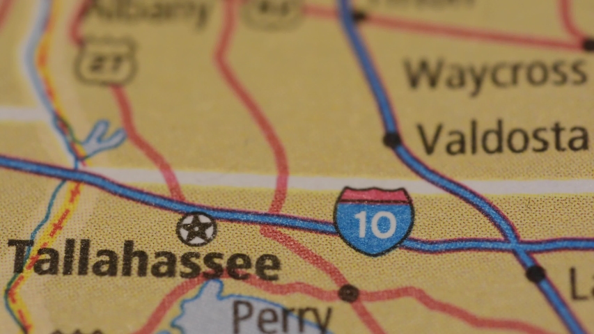 Close-up view on the map, famous United States numbered roads, with marker