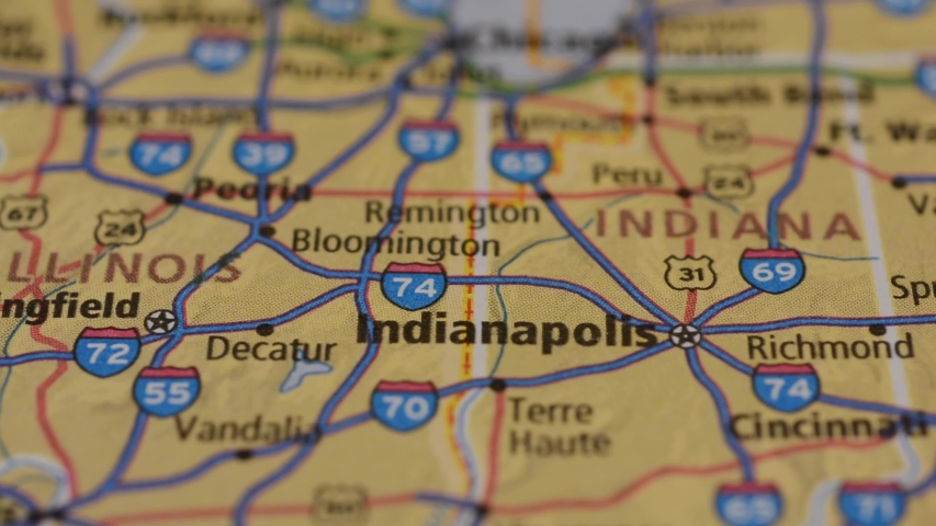 Close up view on the map, roads around the city of Indianapolis, Indiana
