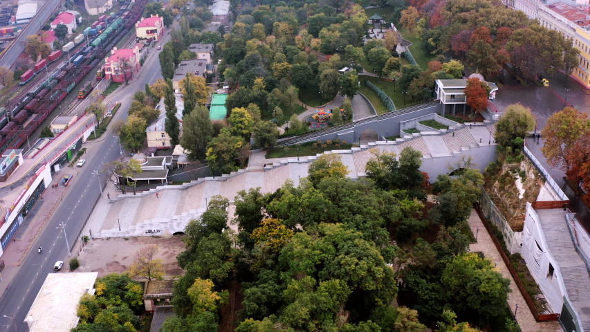Odessa Ukraine Potemkin Stairs aerial wrap around from profile to 3/4 view 4K