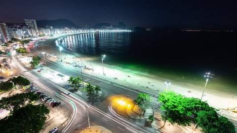 Aerial night timelapse of Copacabana skyline in Rio de Janeiro city in Brazil. Wide angle view of the beach front street traffic with lights and street traffic. Ocean waves crashing on the sand.