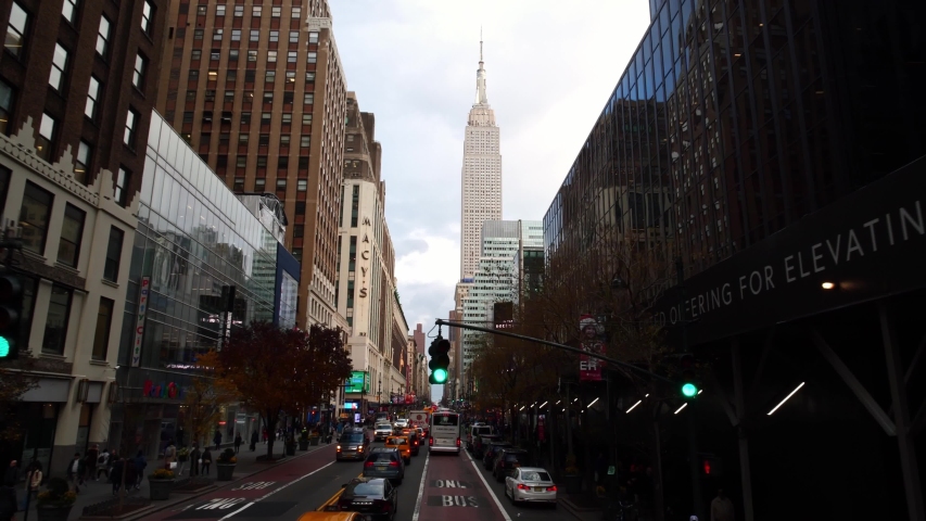 NEW YORK CITY, USA - Jan 15, 2020: drone shot of Empire State Building, iconic skyscrapers in New York City Manhattan. 4k slow motion. NYC is modern urban city in USA.  