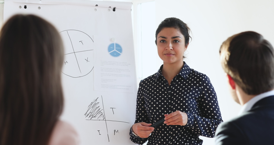 Confident young female indian manager coach speaker presenting marketing project on flip chart training business people at seminar event give whiteboard presentation during corporate workshop concept Royalty-Free Stock Footage #1045309201