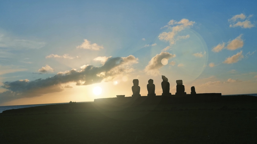 Moai Silhouettes at Sunset on Easter Island, Chile