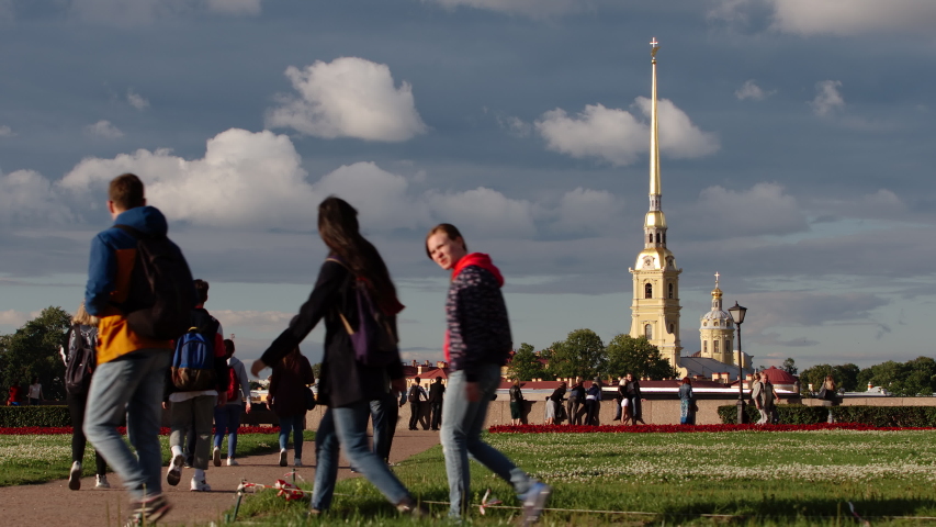 ST. PETERSBURG, RUSSIA - AUGUST 12, 2017: Panoramic view of Chapel of Peter and Paul Fortress in the sunset