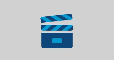 Animated blue clapperboard icon. Animation, pictogram, motion graphics. Useful for social media, interfaces, infographics, websites. No background. (Alpha channel).