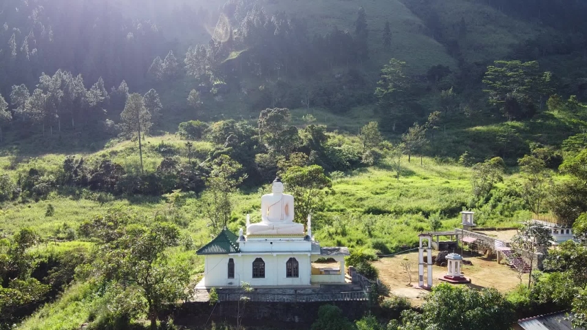 Buddha statue in Sri Lanka monastery. Air view. Footage from drone. 