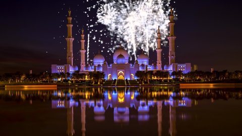 January 02, 2020. UAE. Beautiful fireworks over Sheikh Zayed Grand Mosque, Abu Dhabi, United Arab Emirates. The third biggest mosque in the world. Celebrating New Years eve in Abu Dhabi, Emirates.