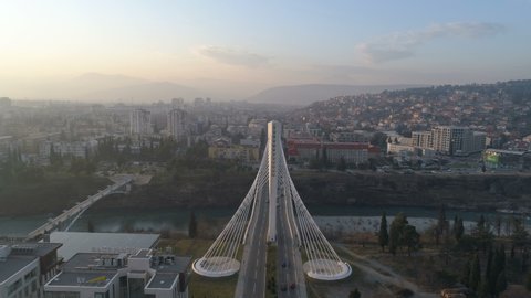 Podgorica, Montenegro - January 13, 2020: aerial view of Millennium bridge over Moraca river