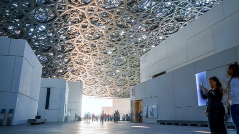 Abu Dhabi, UAE - May 03, 2019 - Time lapse view of the Louvre Abu Dhabi interior design, which is an art and civilisation museum, part of a 30 year agreement between the city of Abu Dhabi and France.