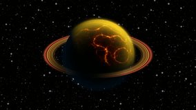 Animated abstract planet with lava and fire under the yellow atmosphere and Saturn like rings. Looped full HD animation. 