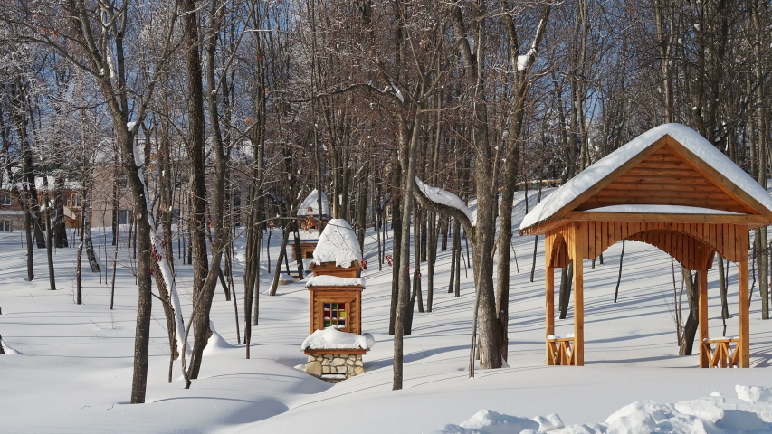 beautiful winter landscape with a wooden patio on a Sunny frosty day.