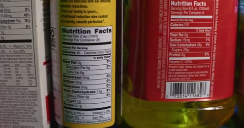 New York, New York / United States- January 8 2020: Nutritional Labels of typical supermarket food and drink products. Camera pans labels.