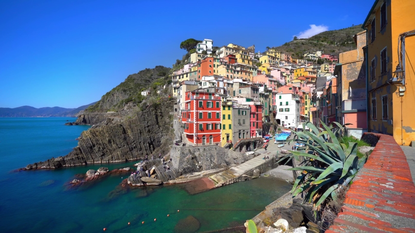 Riomaggiore, Cinque Terre, main view of the city and the port. Liguria, Italy. UNESCO