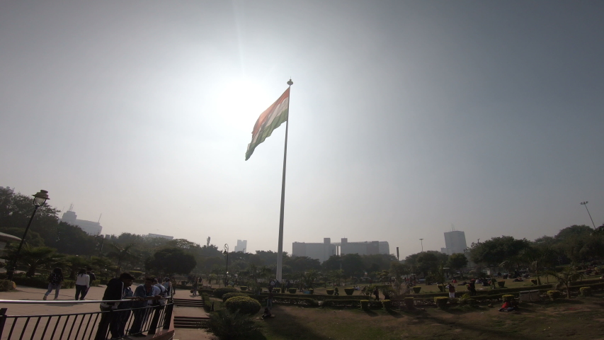 New Delhi, India - January 19, 2020: This 60 feet in width and 90 feet in length Tiranga, the national flag of India hoisted in Rajiv Chowk, is First, one of the largest national flags of India.