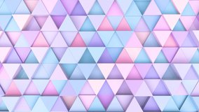 Simple 4k video background with seamless loop surface of moving triangles. 3d render animation. Modern trendy minimalism design. 
Blue, pink and purple colors