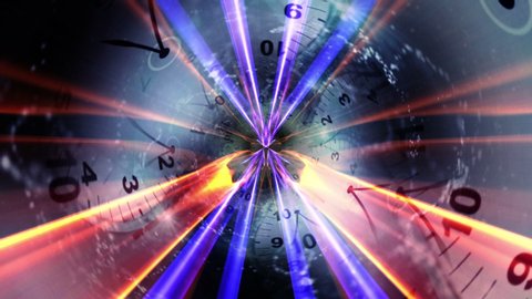 Clocks Tunnel Animation, Rendering, Time Travel Concept, Background, Loop, 4k

