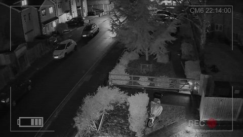 CCTV camera or surveillance system in operation on garden, car park at night