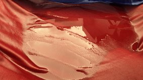 A Pile Of Wet Red Maroon And Phantom Dark Blue Fabric Textile in Motion Background with Fresh Cold Clean Water, RAW Full HD And 4K Video Outdoor Morning Natural Lighting.