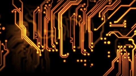 Futuristic motherboard circuit graphic animation background. Printed circuit board (PCB) in motion. Modern computer technologies animation with printed circuit board. Bitcoin and blockchain concept.