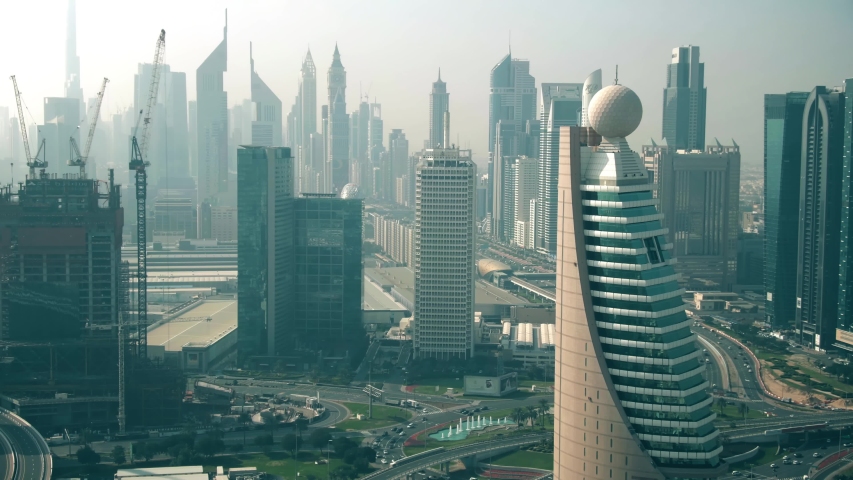 DUBAI, UNITED ARAB EMIRATES - DECEMBER 30, 2019. Aerial view of National Bank of Abu Dhabi NBAD and Dubai World Trade Centre