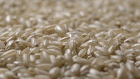 Full-frame of raw Brown Rice in rotation. 
Whole grains of integral rice as a background.
Macro video of Oryza sativa unpolished seeds.  
Selective focus.   
Staple cereal crop concept.