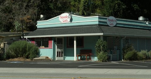 Ben Lomond, CA, 01/12/2019 - Spanky Cafe, a rural roadside diner exterior, establishing shot for cute coffee-shop or restaurant on the side of a highway.  Native 10bit 4k 422 