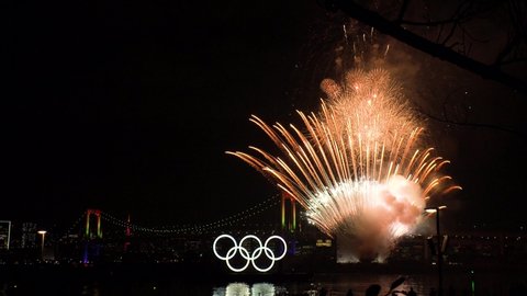 ODAIBA, TOKYO, JAPAN - 24 JAN 2020 : Tokyo marked six months until the start of the 2020 summer Olympic Games with a fireworks display and the first lighting of the five rings symbol monument.