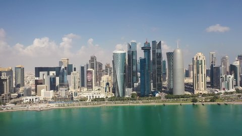 Doha, Qatar - January 20th 2020: aerial view of West Bay skyscrapers. Burj Qatar. Video footage 4k