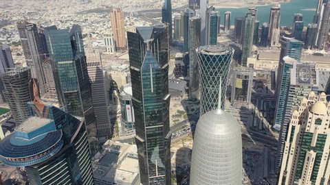 Doha, Qatar - January 20th 2020: aerial view of West Bay skyscrapers. Burj Qatar. Video footage 4k