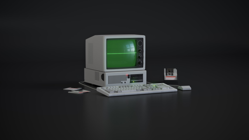 Animation of fictional old computer with fictional retro looking UI. I can provide masks for this or tracking markers if anyone wants to replace the screen content.
