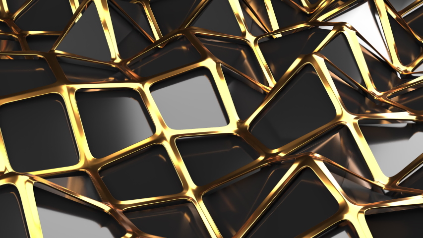 The golden and polygonal lowpoly grille has a black reflective surface in a minimalist design. Abstract 3d 4K High Quality reder animation seamless background