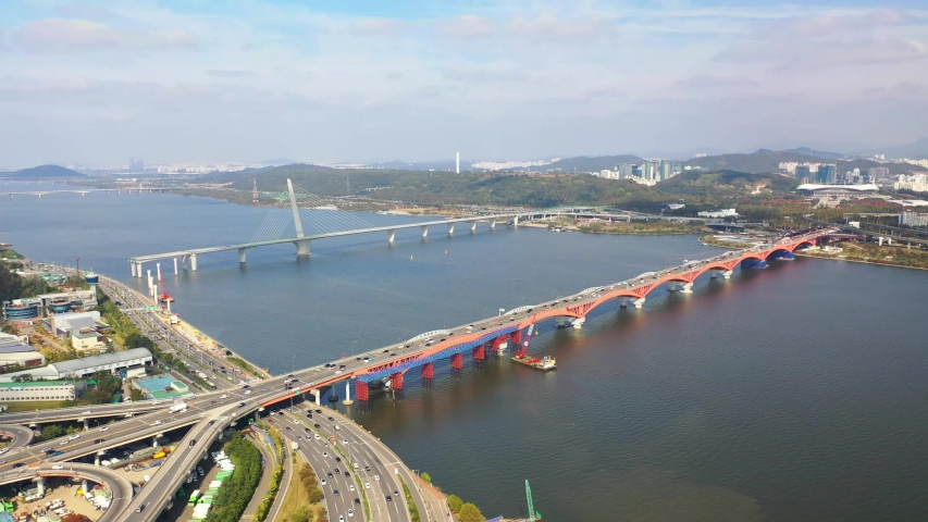 Cityscape of Hangang River and bridge in Seoulcity South Korea