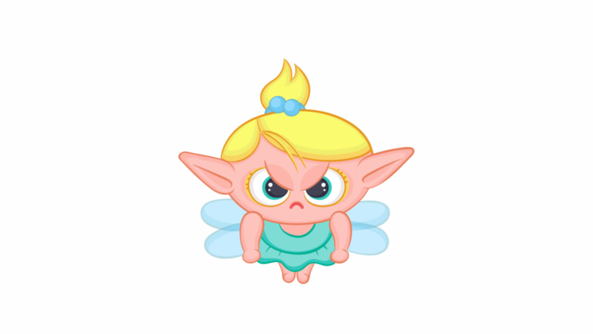 Elf fairy flying and burning with anger. Cute blond girl sorceress in dress fantastic cartoon character. Seamless loop animation colorful video footage 2D illustration and alpha channel.