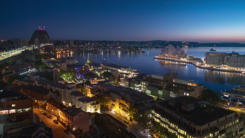 timelapse sunrise, Aerial view of Sydney with Harbour Bridge, Australia