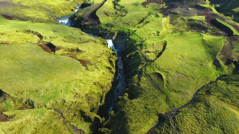 Flying Over the Skogar River Under the Eyjafjallajokull Volcano in Southern Iceland