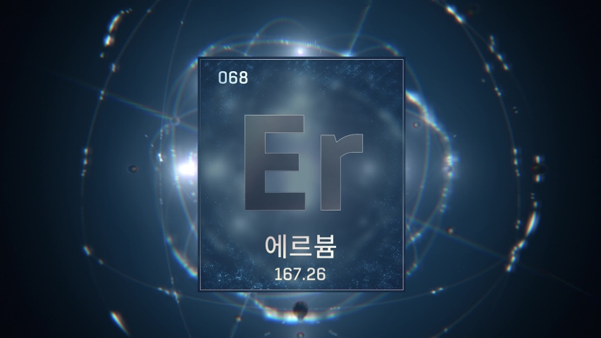 Erbium as Element 68 of the Periodic Table. Seamlessly looping 3D animation on blue illuminated atom design background orbiting electrons name, atomic weight element number in Korean language Royalty-Free Stock Footage #1045505941