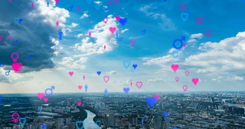 Heart Emoji icons flying up from buildings to the sky representing dating app. For social networks featuring digital connections and networks. Time Lapse Over Cityscape