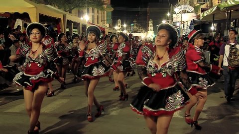 BOLIVIA - August, 2019:  Bolivian Women Dancing in Virgin of Urkupina Celebration in Quillacollo, Bolivia. 